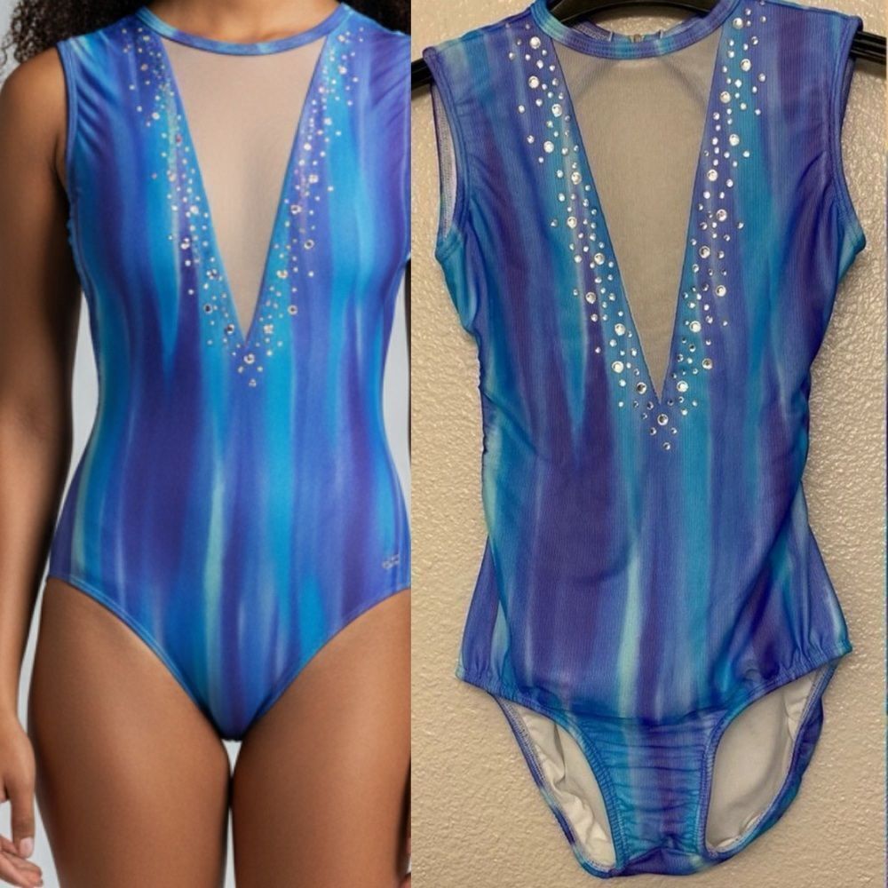 LA designs Custom Solo rhinestoned Dance Costume Leotard blue mesh LC XLC